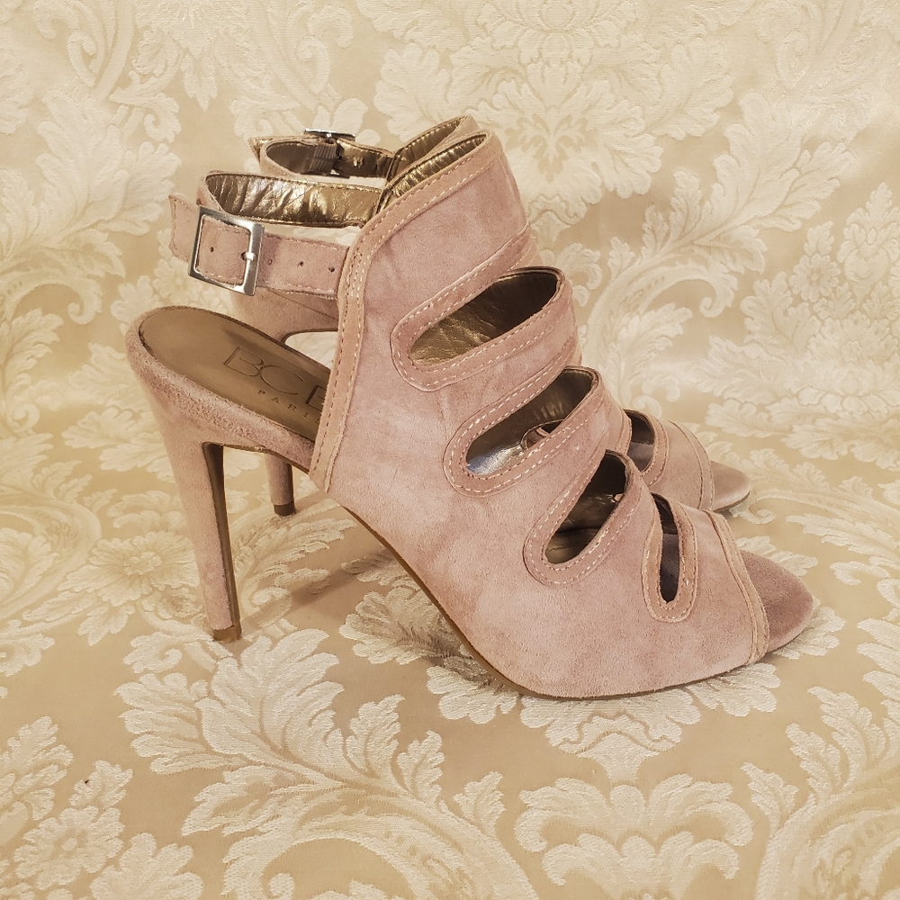 BCBG Paris Nude Flesh Tone Cut Out Peep Toe Suede Slingback High Heel Sandals